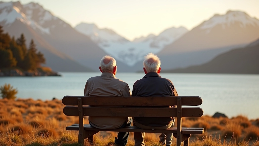 Pareja mayor descansando en un banco con vista panorámica al Lago Argentino, disfrutando del paisaje montañoso, luz de atardecer dorada