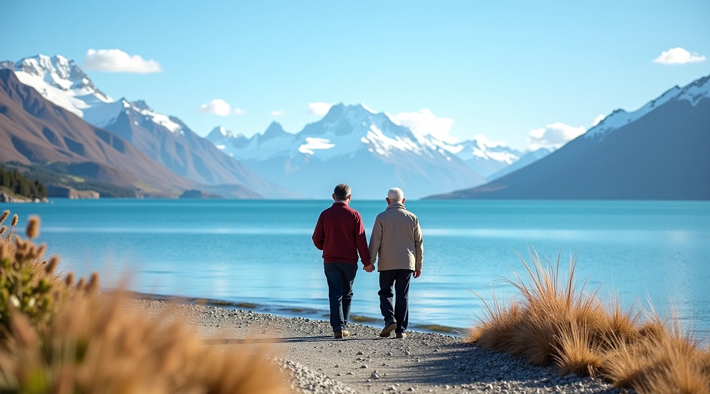 Pareja de jubilados caminando junto al Lago Argentino con montañas de fondo en El Calafate