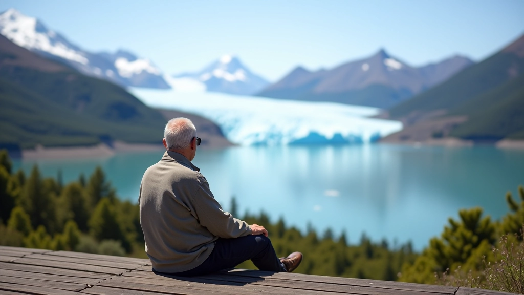 Jubilado sentado en un mirador con vista al glaciar Perito Moreno