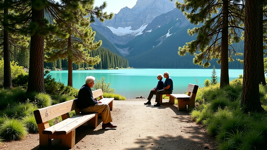 Sendero de descanso rodeado de lengas con bancos de madera y vista al Lago Argentino