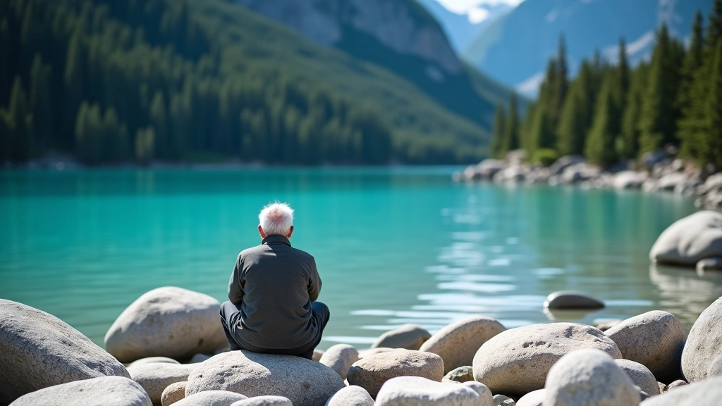 Playa de descanso en orilla del lago con piedras grandes y agua tranquila