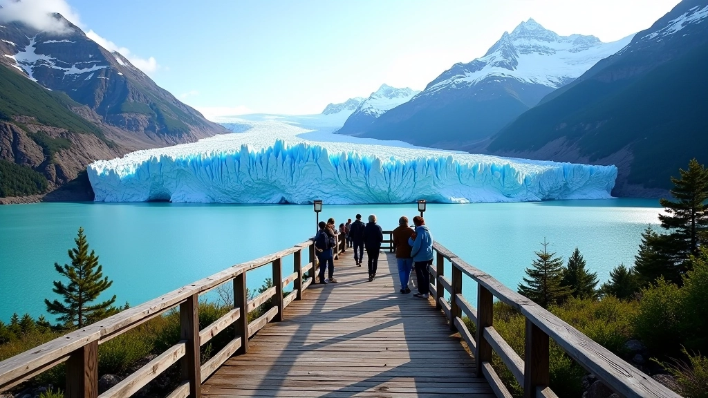 Mirador del Perito Moreno con vista del glaciar azul y el lago turquesa al atardecer