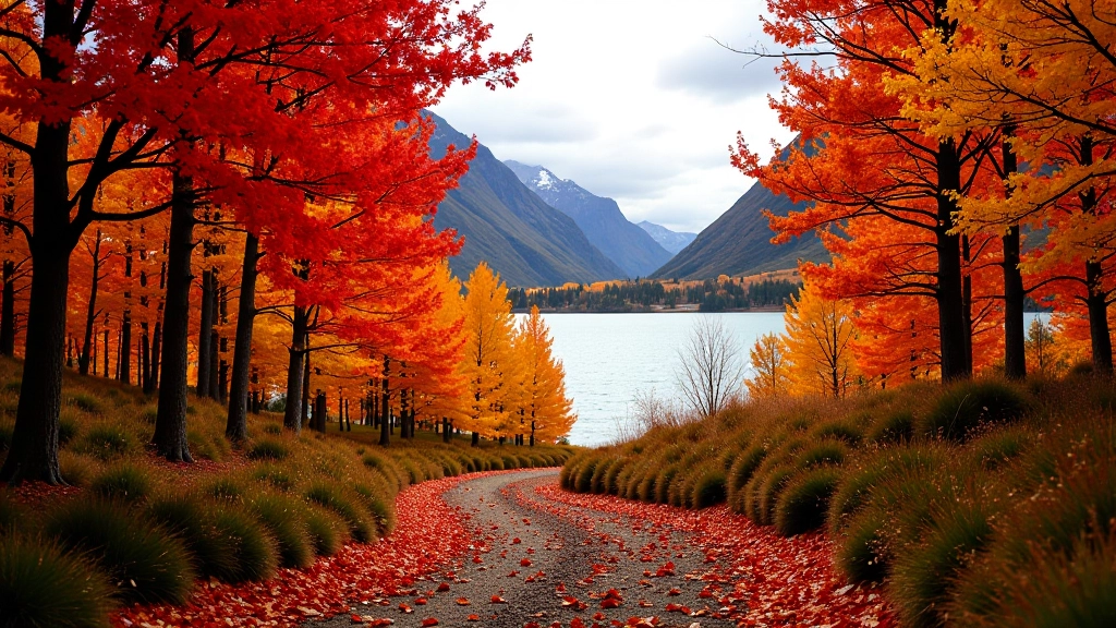 Bosque de lengas en otoño con colores rojizos, naranjas y dorados, hojas cayendo al sendero