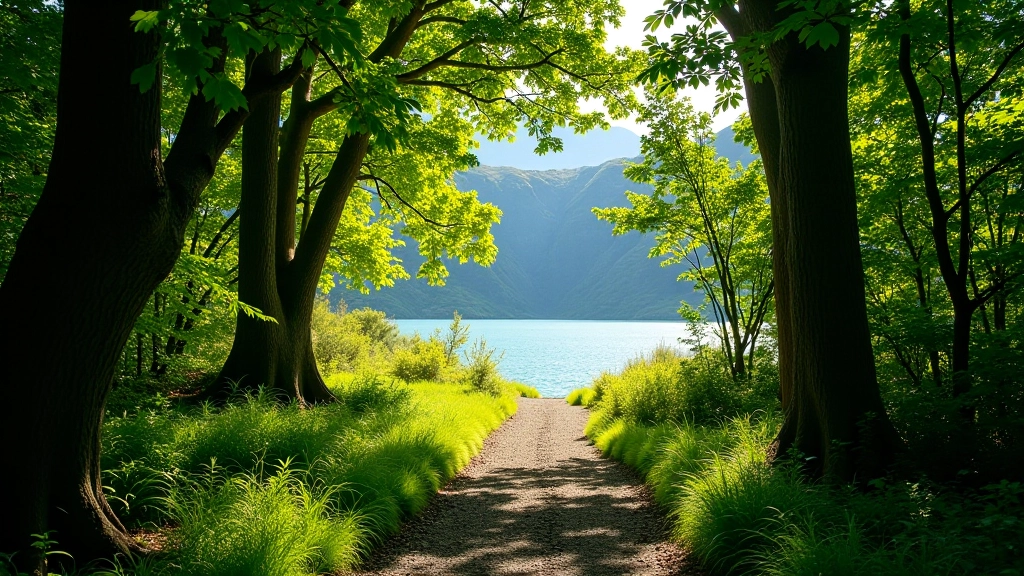 Bosque de lengas en verano con follaje denso verde, sendero sombreado bajo los árboles, luz natural filtrándose