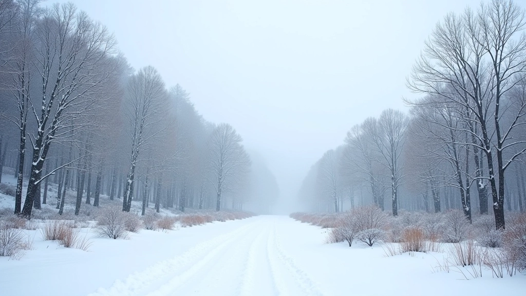 Bosque de lengas en invierno cubierto de nieve, árboles desnudos, paisaje blanco y silencioso, cielo gris