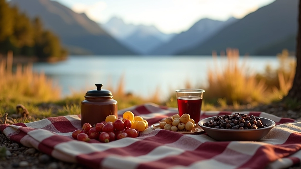 Picnic en el aire libre junto a Lago Argentino con alimentos y bebidas sobre mantel, ambiente natural