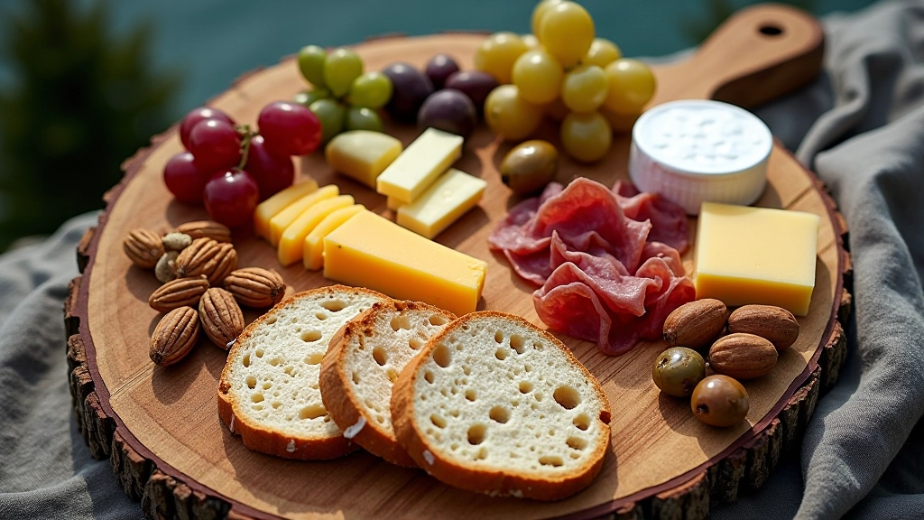 Alimentos típicos de picnic: pan, queso, frutas secas y jamón ordenados sobre una tabla de madera