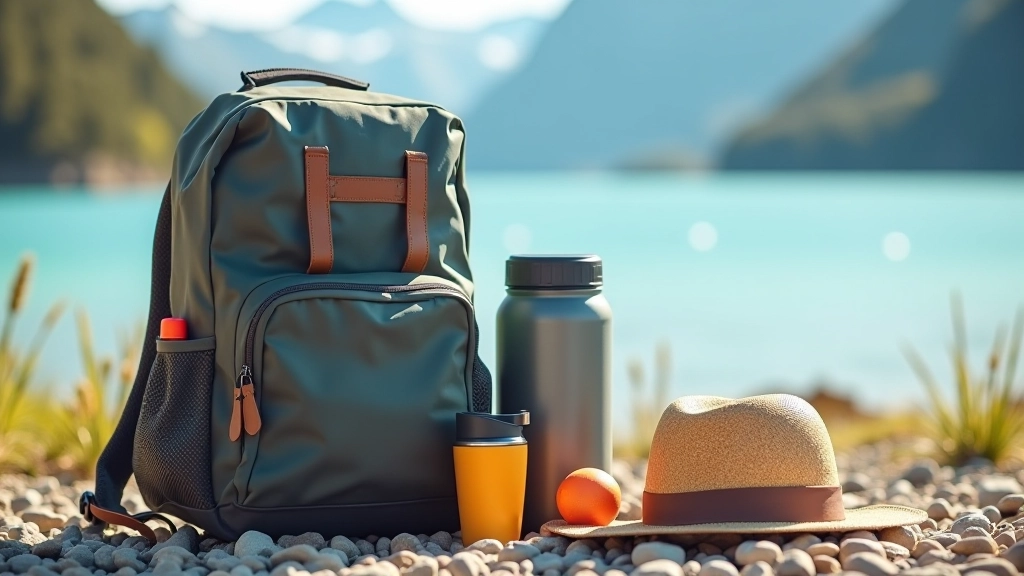 Mochila de picnic con accesorios esenciales: termo, protector solar, sombrero y otros elementos