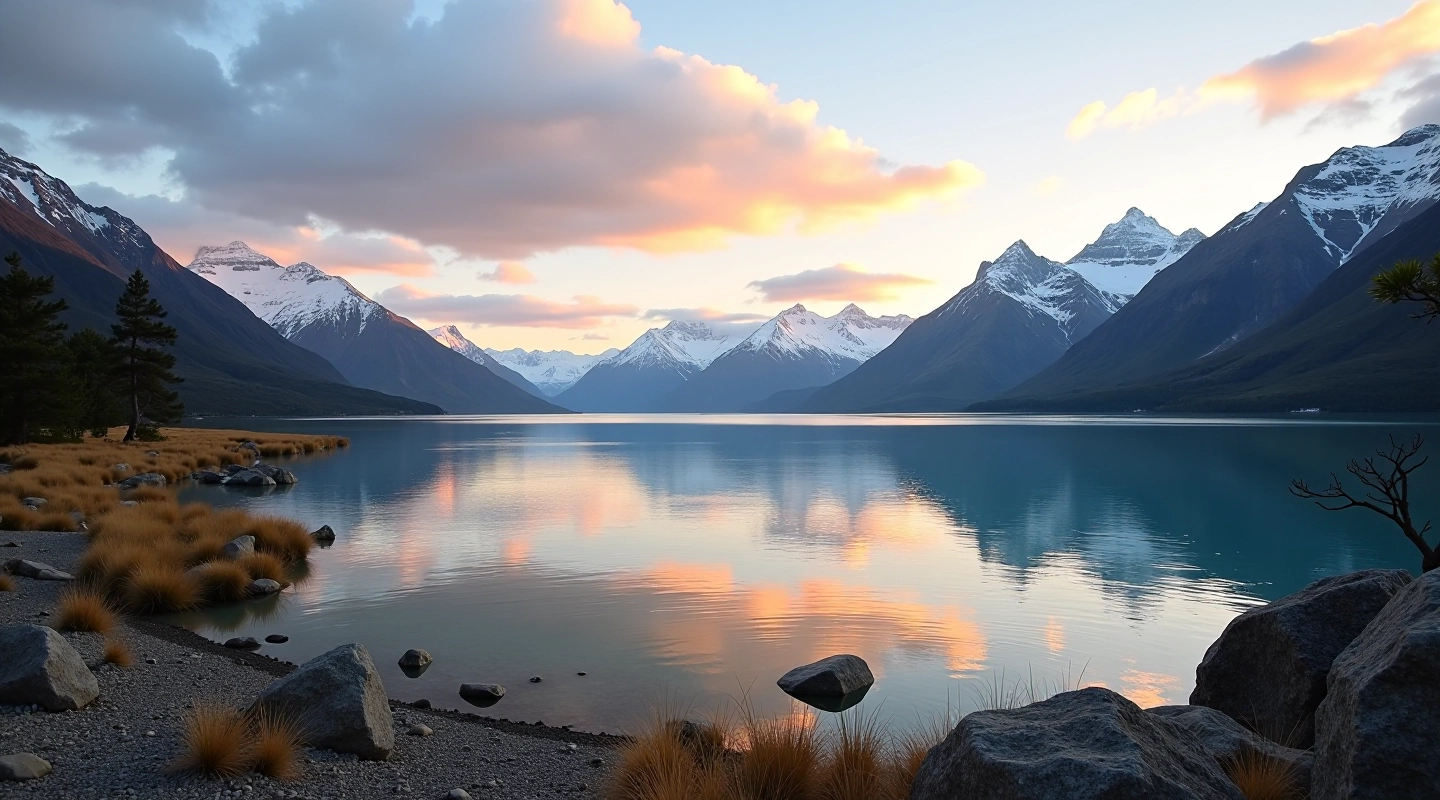 Vista panorámica del Lago Argentino con montañas nevadas al atardecer en El Calafate