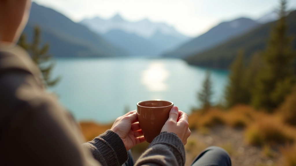 Persona disfrutando de una bebida caliente en un paisaje natural con vista al lago
