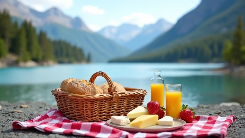 Cesta de picnic con alimentos frescos y bebidas dispuestas sobre un mantel en la orilla del lago