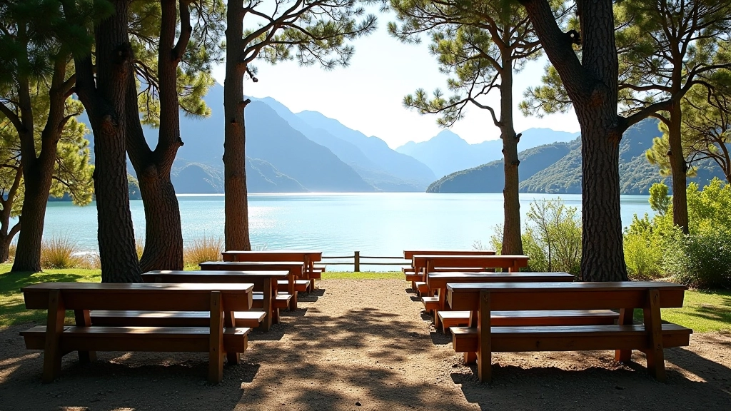 Zona de descanso al aire libre con bancos de madera y vista panorámica al Lago Argentino